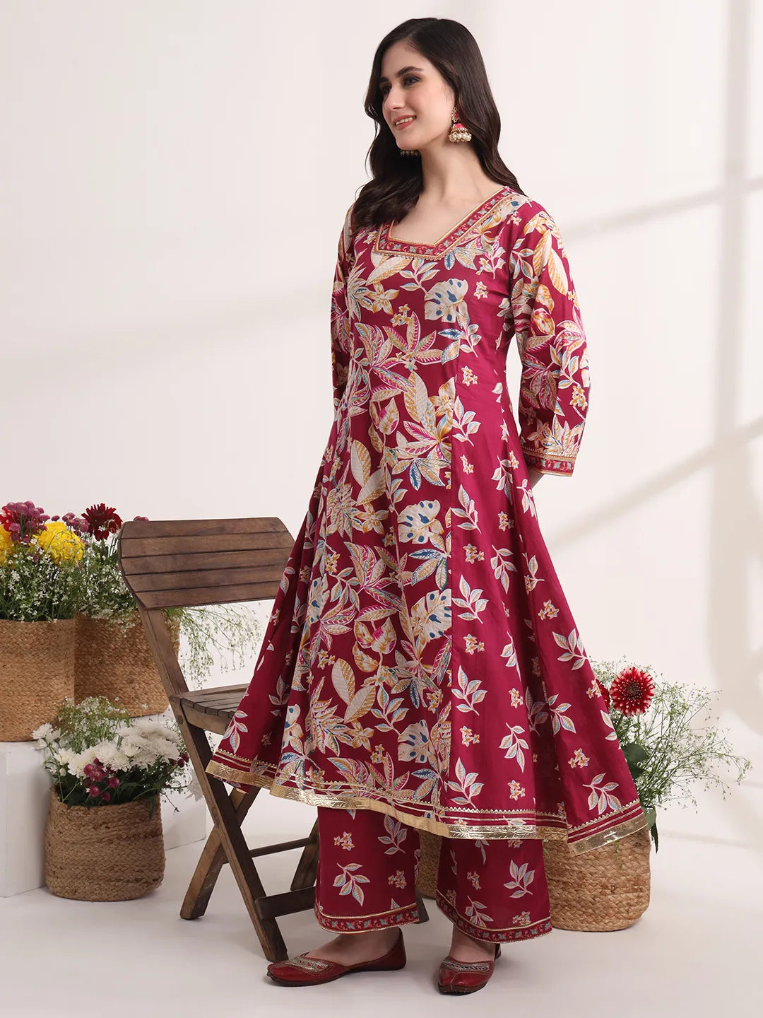 Yufta Purple Floral Print A-Line Kurta Trouser And Dupatta Set - Distacart
