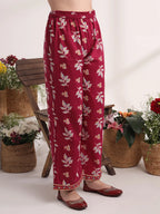 Yufta Purple Floral Print A-Line Kurta Trouser And Dupatta Set - Distacart