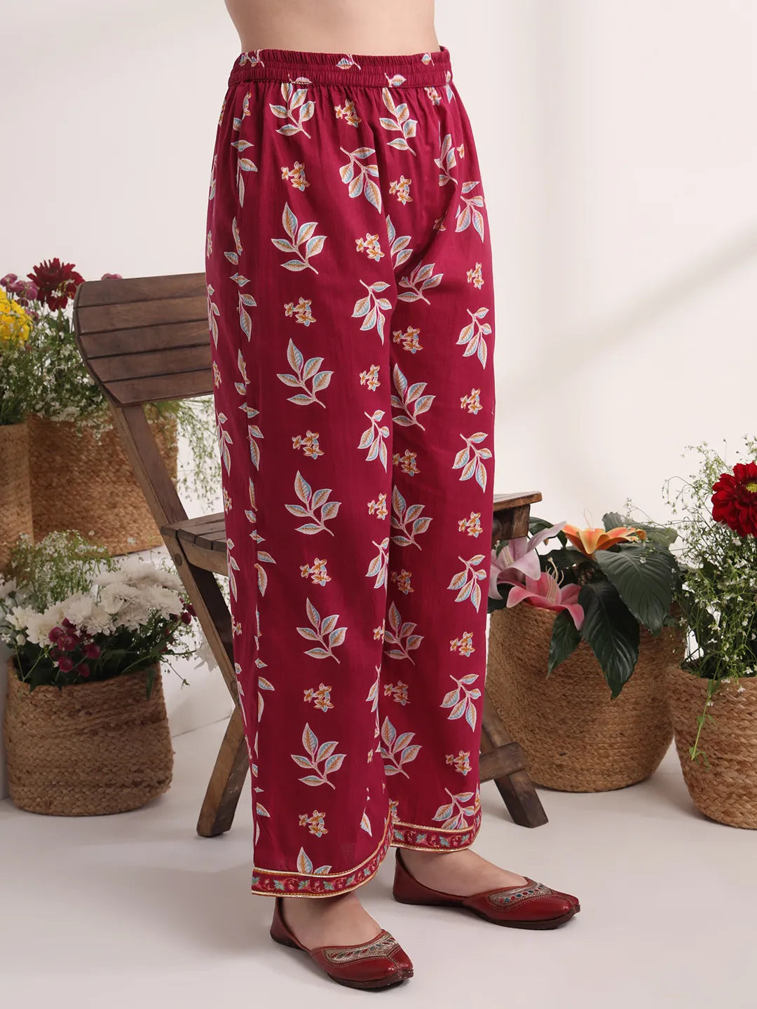 Yufta Purple Floral Print A-Line Kurta Trouser And Dupatta Set - Distacart