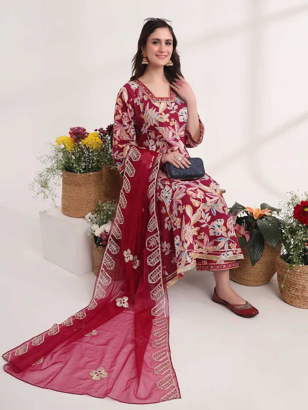 Yufta Purple Floral Print A-Line Kurta Trouser And Dupatta Set - Distacart