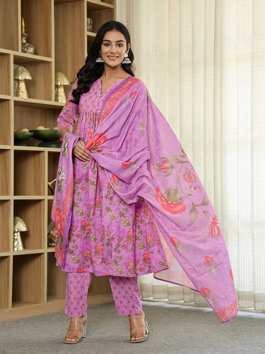 Yufta Purple Floral Print ALine Kurta Trouser Dupatta Set