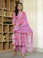 Yufta Purple Floral Print ALine Kurta Trouser Dupatta Set