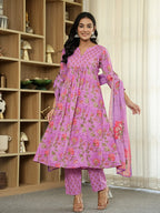 Yufta Purple Floral Print ALine Kurta Trouser Dupatta Set