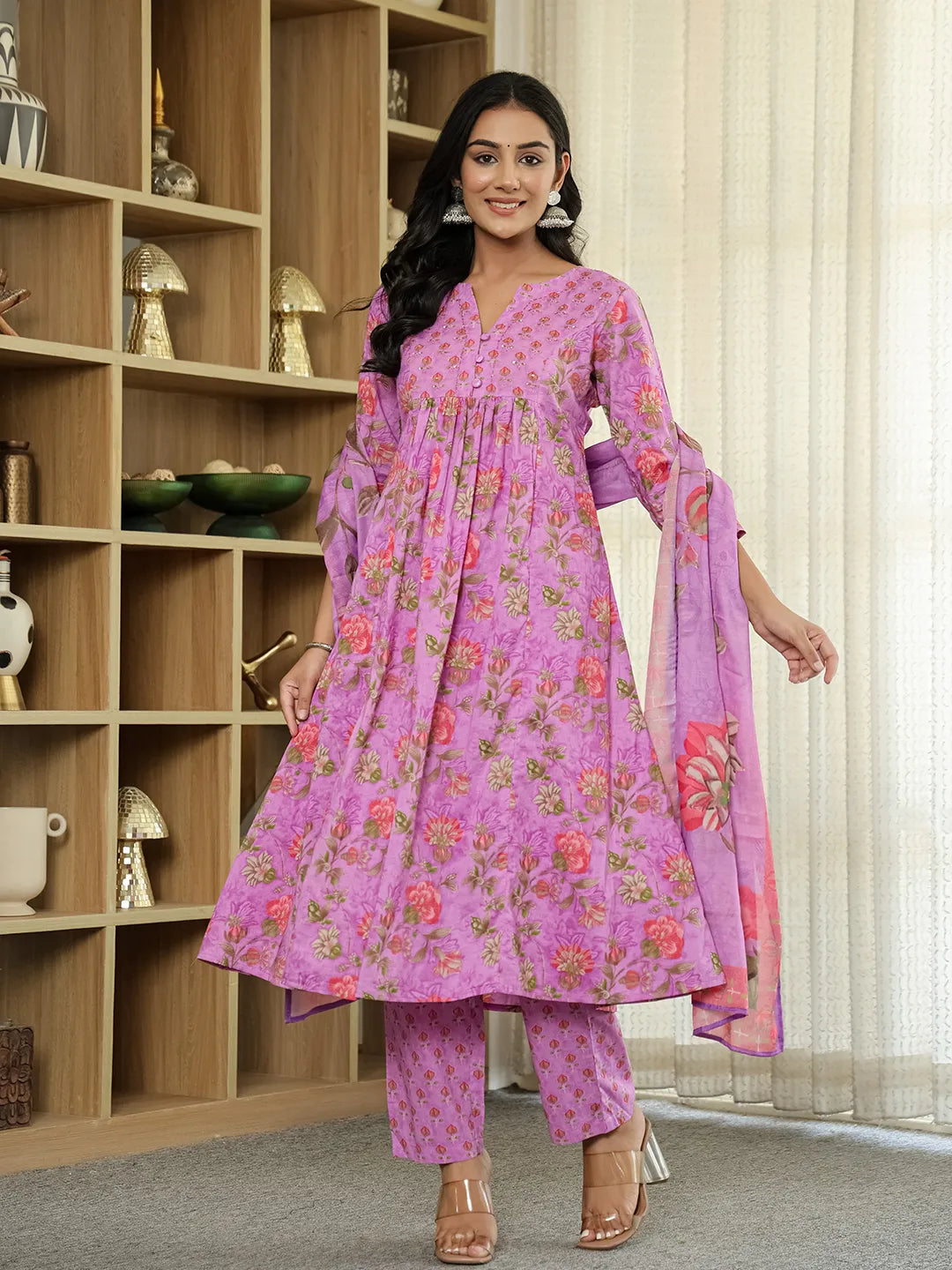 Yufta Purple Floral Print ALine Kurta Trouser Dupatta Set