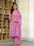 Yufta Purple Floral Print ALine Kurta Trouser Dupatta Set