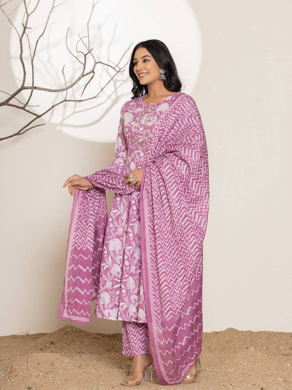 Yufta Purple Floral Print Embroidery Cotton Anarkali Suit Set