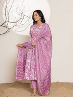 Yufta Purple Floral Print Embroidery Cotton Anarkali Suit Set