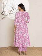 Yufta Purple Floral Print Embroidery Cotton Anarkali Suit Set