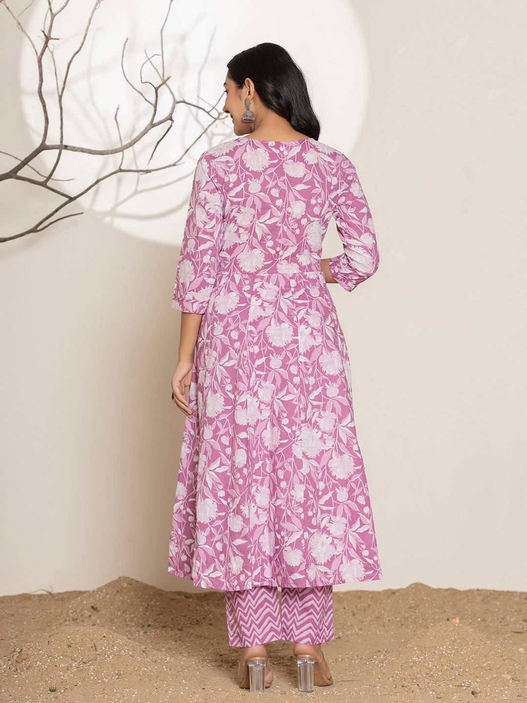 Yufta Purple Floral Print Embroidery Cotton Anarkali Suit Set