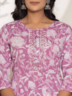 Yufta Purple Floral Print Embroidery Cotton Anarkali Suit Set