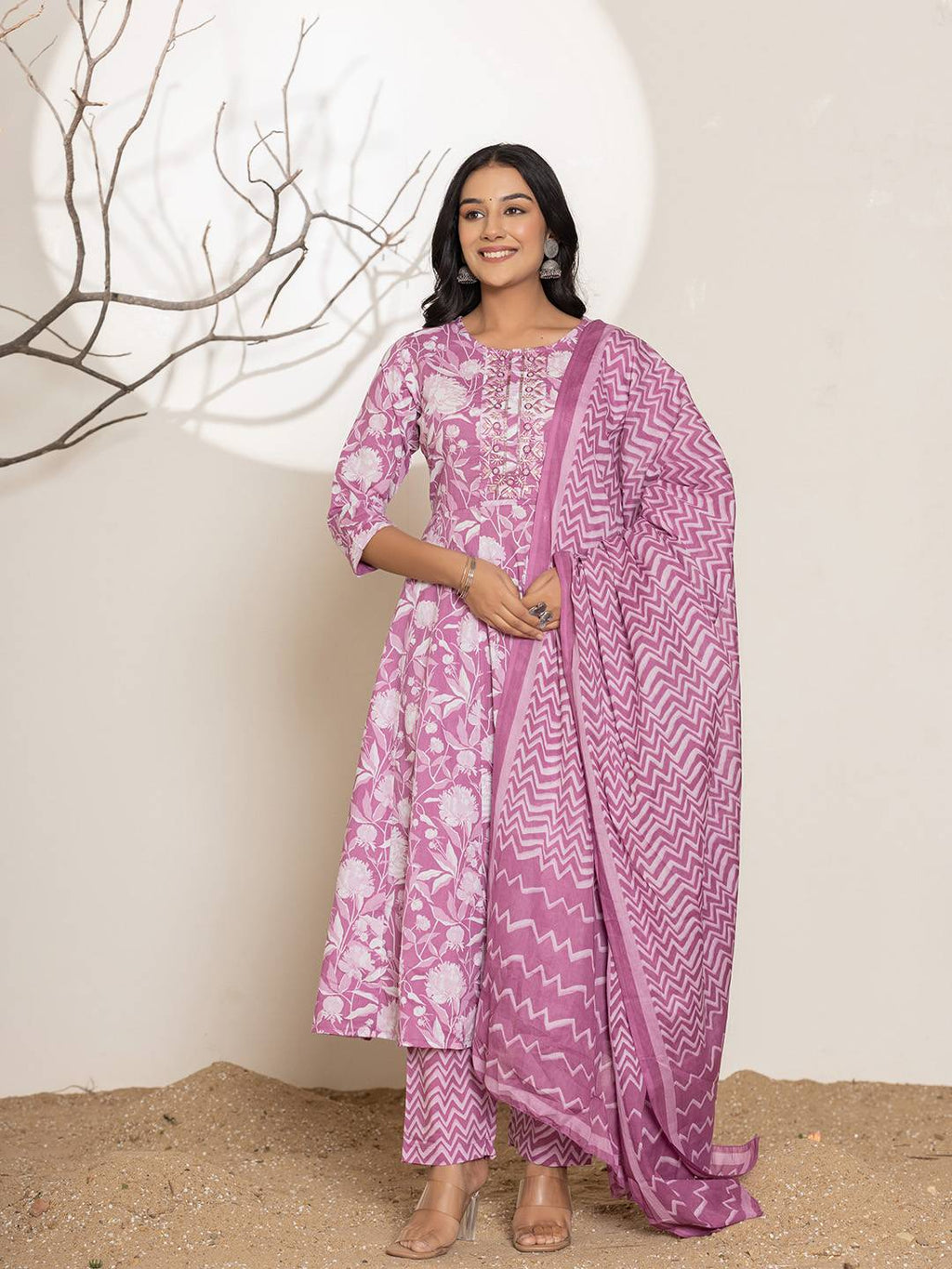 Yufta Purple Floral Print Embroidery Cotton Anarkali Suit Set