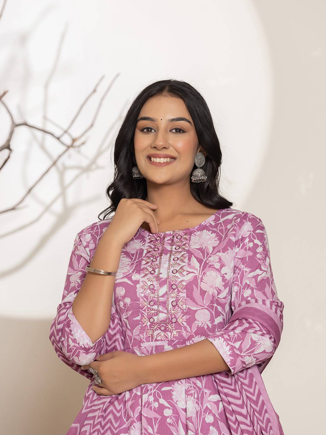 Yufta Purple Floral Print Embroidery Cotton Anarkali Suit Set