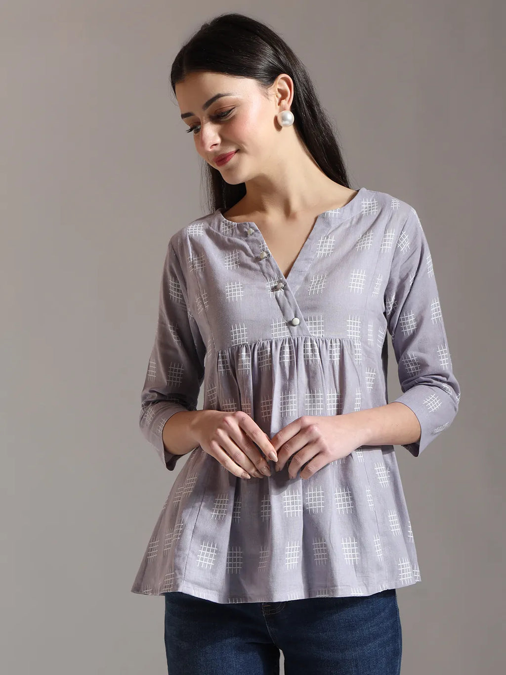 Yufta Purple Handloom Cotton Gathered Or Pleated Top