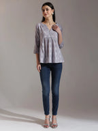 Yufta Purple Handloom Cotton Gathered Or Pleated Top