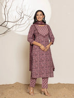 Yufta Purple Leaf Print Cotton Straight Kurta With Dupatta Set