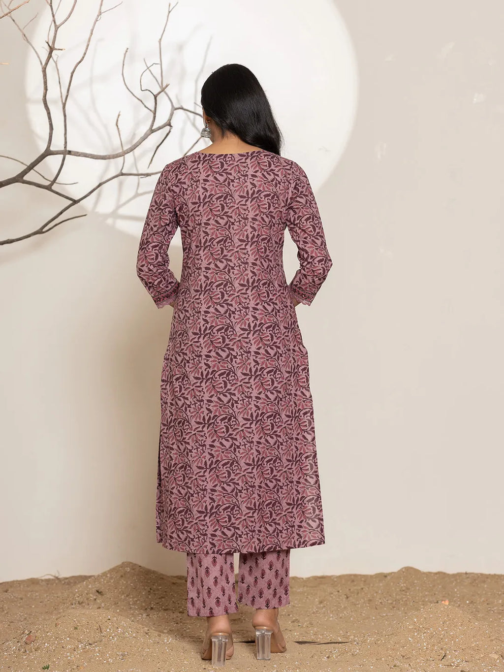 Yufta Purple Leaf Print Cotton Straight Kurta With Dupatta Set
