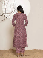 Yufta Purple Leaf Print Cotton Straight Kurta With Dupatta Set