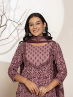 Yufta Purple Leaf Print Cotton Straight Kurta With Dupatta Set