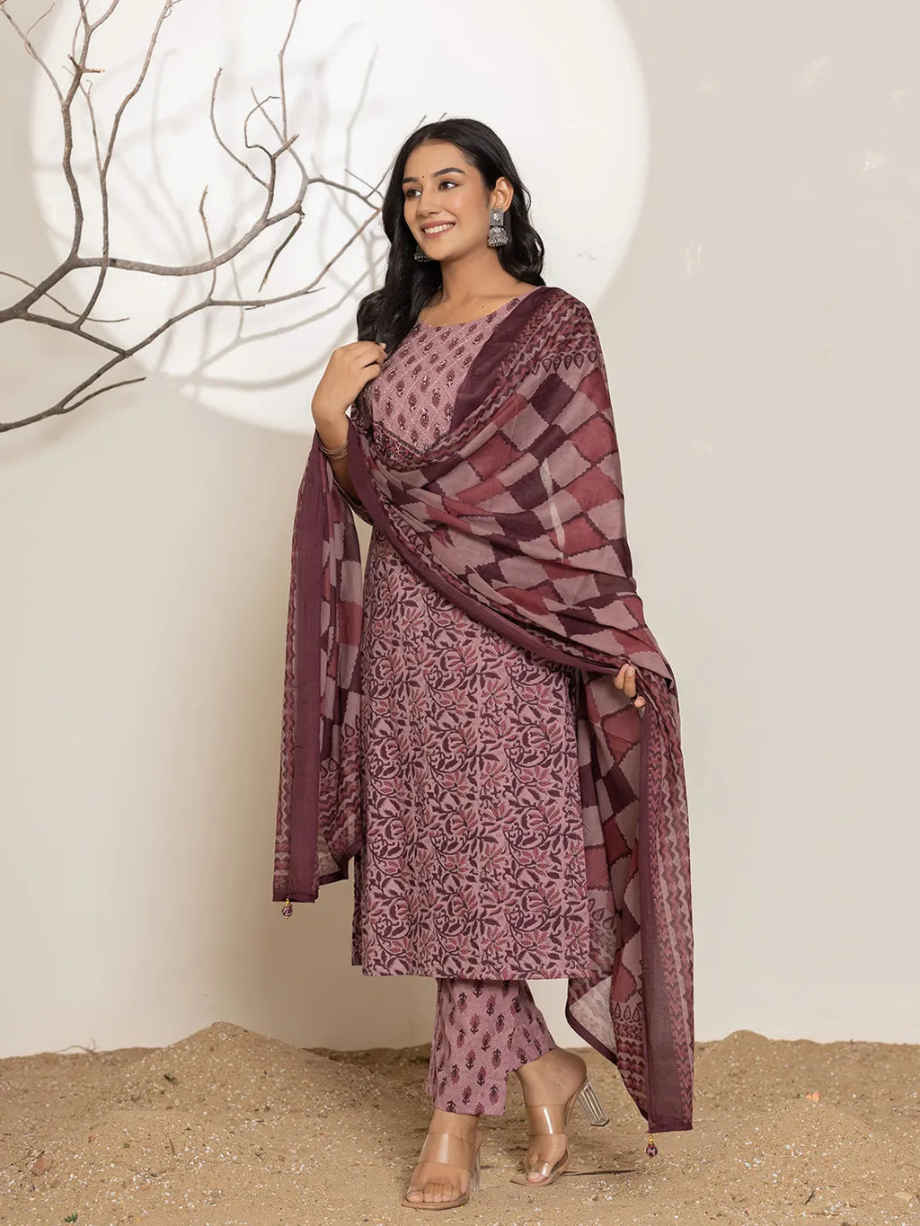 Yufta Purple Leaf Print Cotton Straight Kurta With Dupatta Set