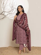 Yufta Purple Leaf Print Cotton Straight Kurta With Dupatta Set