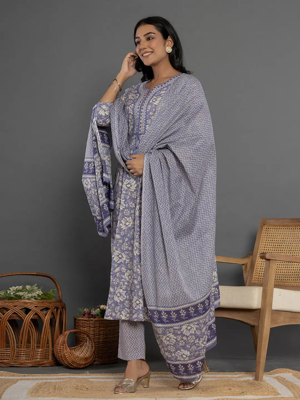 Yufta Purple Mirror_Work Cotton Anarkali Kurta Duppta Set