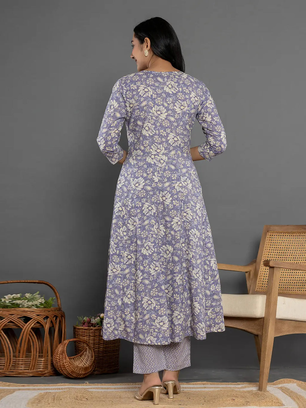 Yufta Purple Mirror_Work Cotton Anarkali Kurta Duppta Set