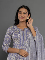 Yufta Purple Mirror_Work Cotton Anarkali Kurta Duppta Set