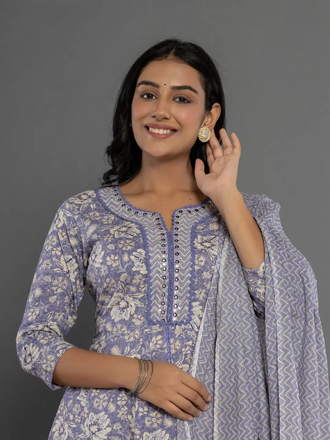 Yufta Purple Mirror_Work Cotton Anarkali Kurta Duppta Set