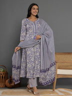 Yufta Purple Mirror_Work Cotton Anarkali Kurta Duppta Set