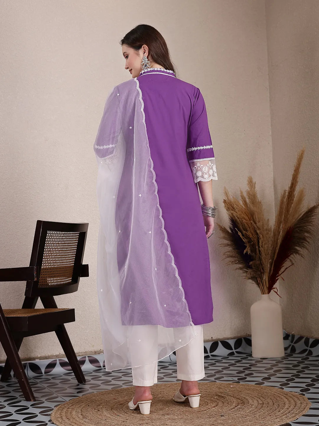 Yufta Purple Premium Cotton Kurta Dupatta Pant Set - Distacart