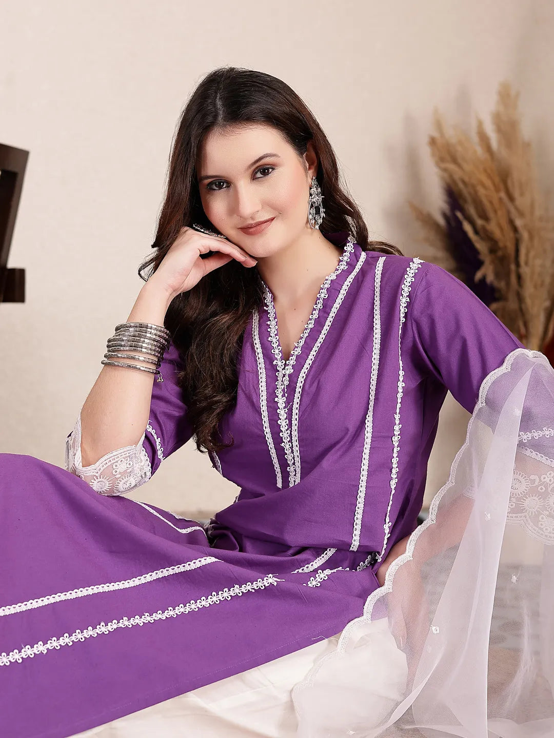 Yufta Purple Premium Cotton Kurta Dupatta Pant Set - Distacart