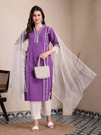 Yufta Purple Premium Cotton Kurta Dupatta Pant Set - Distacart