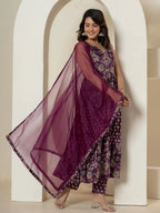 Yufta Purple Pure Cotton Fit And Flare Tiered Kurta Trouser & Dupatta Set