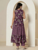 Yufta Purple Pure Cotton Fit And Flare Tiered Kurta Trouser & Dupatta Set