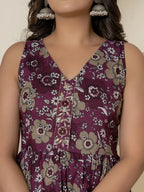 Yufta Purple Pure Cotton Fit And Flare Tiered Kurta Trouser & Dupatta Set