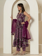 Yufta Purple Pure Cotton Fit And Flare Tiered Kurta Trouser & Dupatta Set