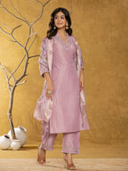 Yufta Purple Silk Blend Pakistani Style Kurta Dupatta Set