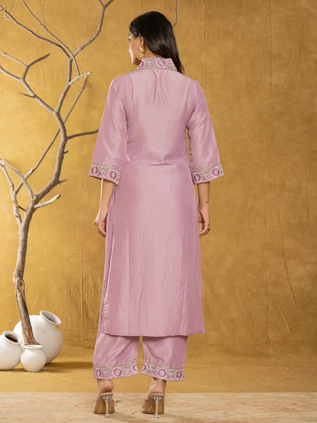 Yufta Purple Silk Blend Pakistani Style Kurta Dupatta Set