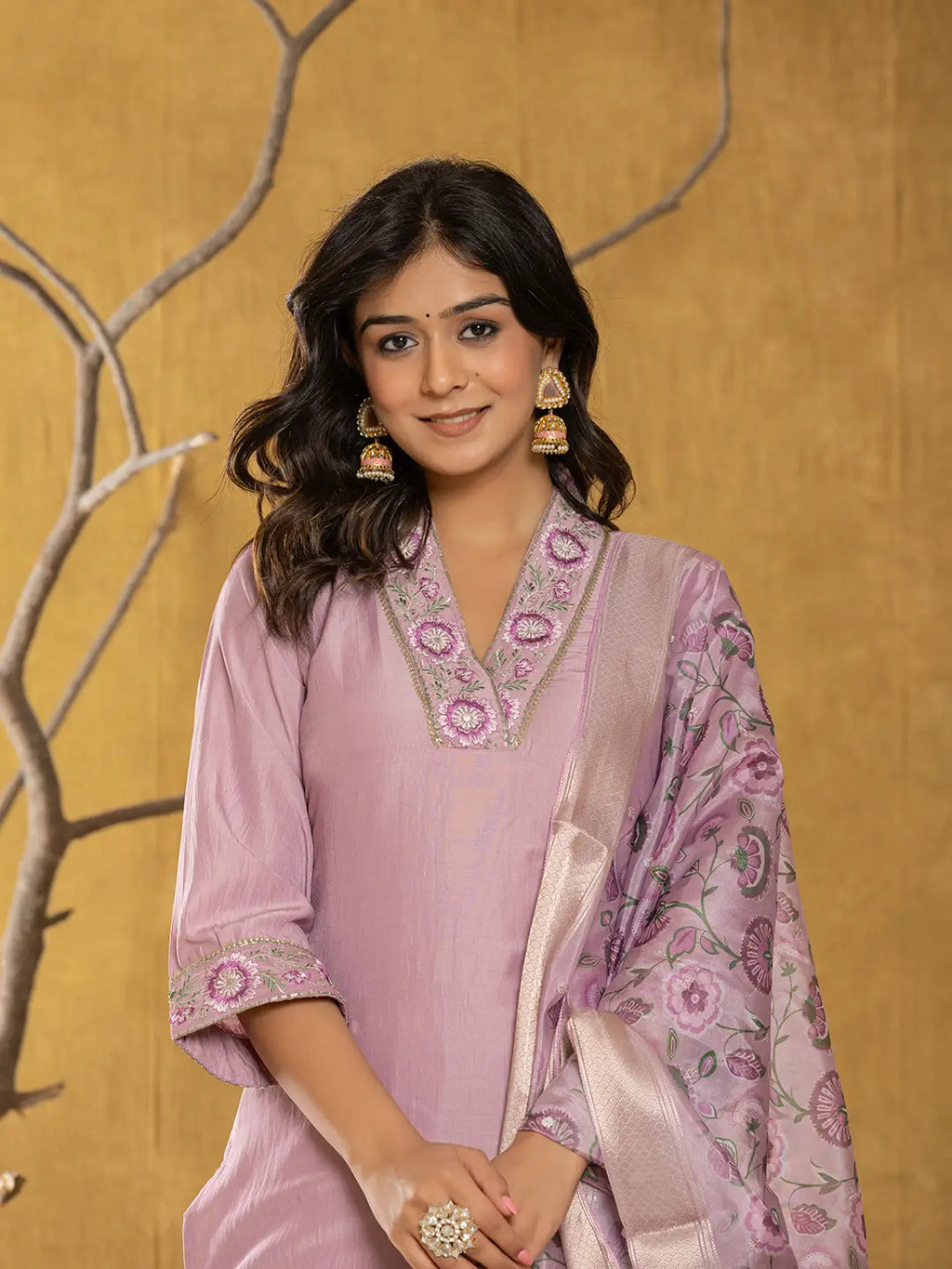 Yufta Purple Silk Blend Pakistani Style Kurta Dupatta Set