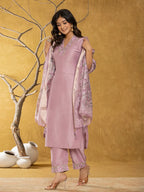 Yufta Purple Silk Blend Pakistani Style Kurta Dupatta Set