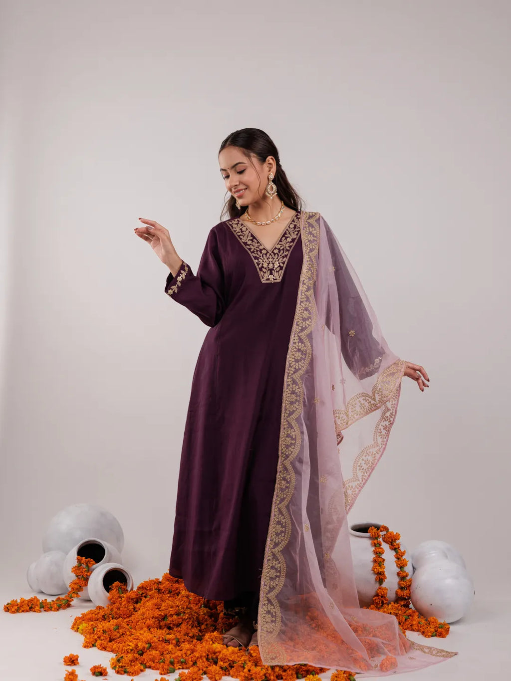 Yufta Purple Silk Embroidered Kurta Dupatta Set