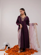 Yufta Purple Silk Embroidered Kurta Dupatta Set