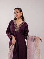 Yufta Purple Silk Embroidered Kurta Dupatta Set