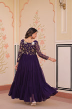 Evanik Purple Faux Blooming With Sequins & Zari Embroidered work Gown - Distacart