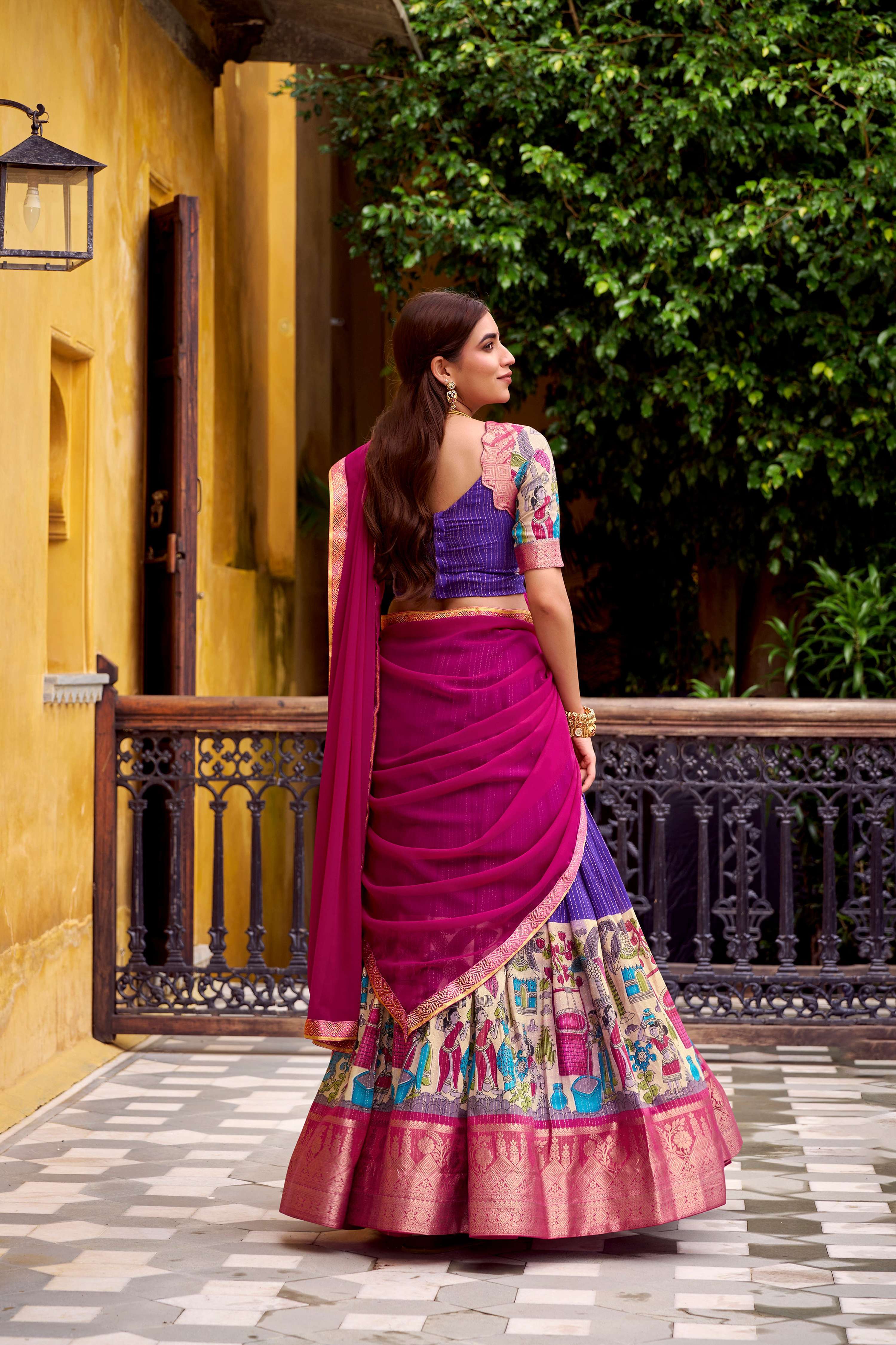 Evanik Purple South Style Kalamkari Print Design Zari Work Unstitched Lehenga Choli - Distacart