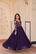 Evanik Purple Faux Blooming With Sequins & Zari Embroidered work Gown - Distacart