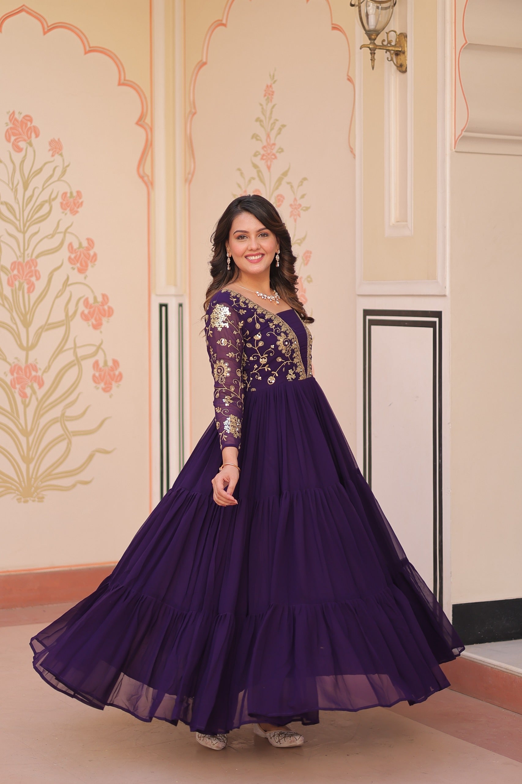Evanik Purple Faux Blooming With Sequins & Zari Embroidered work Gown - Distacart