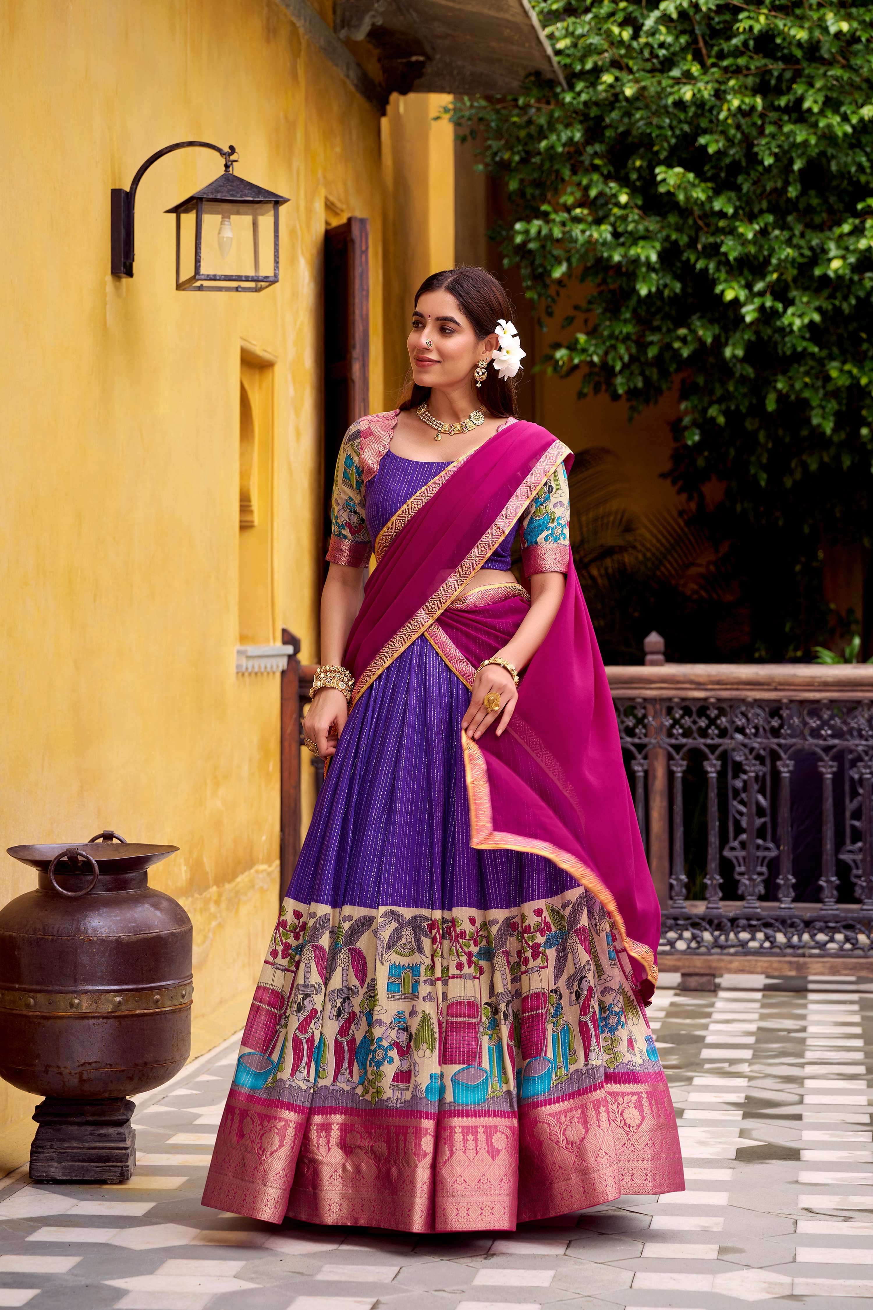 Evanik Purple South Style Kalamkari Print Design Zari Work Unstitched Lehenga Choli - Distacart