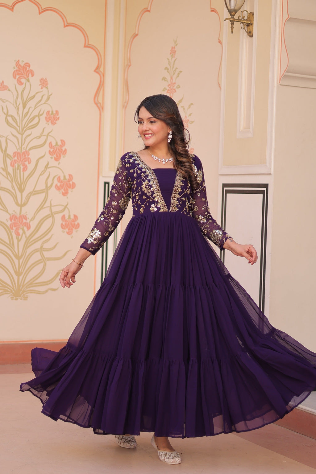 Evanik Purple Faux Blooming With Sequins & Zari Embroidered work Gown - Distacart
