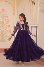 Evanik Purple Faux Blooming With Sequins & Zari Embroidered work Gown - Distacart